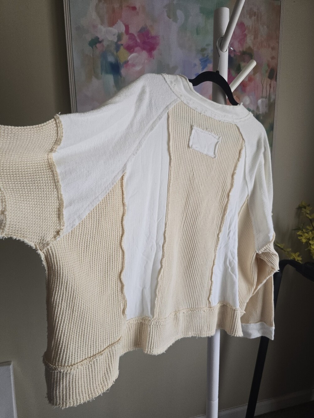 POL Oversized Patchwork Waffle Knit Raw Seam Top Small NWOT - Picture 6 of 7